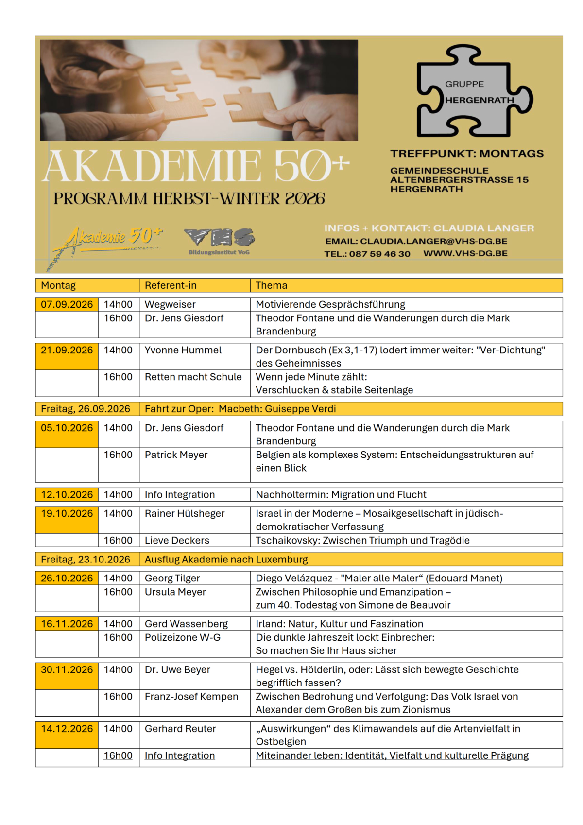 Herbst-Winter-Programm der Akademie 50+ in Hergenrath