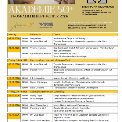 Herbst-Winter-Programm der Akademie 50+ in Hergenrath