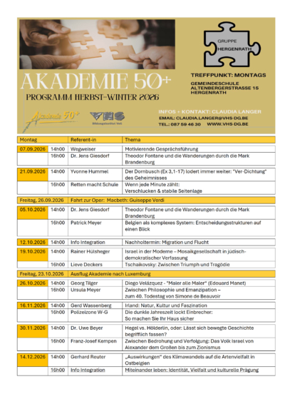 Herbst-Winter-Programm der Akademie 50+ in Hergenrath
